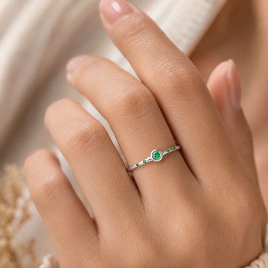 Penta Ring with 5 Emeralds in Sterling Silver Squared Band