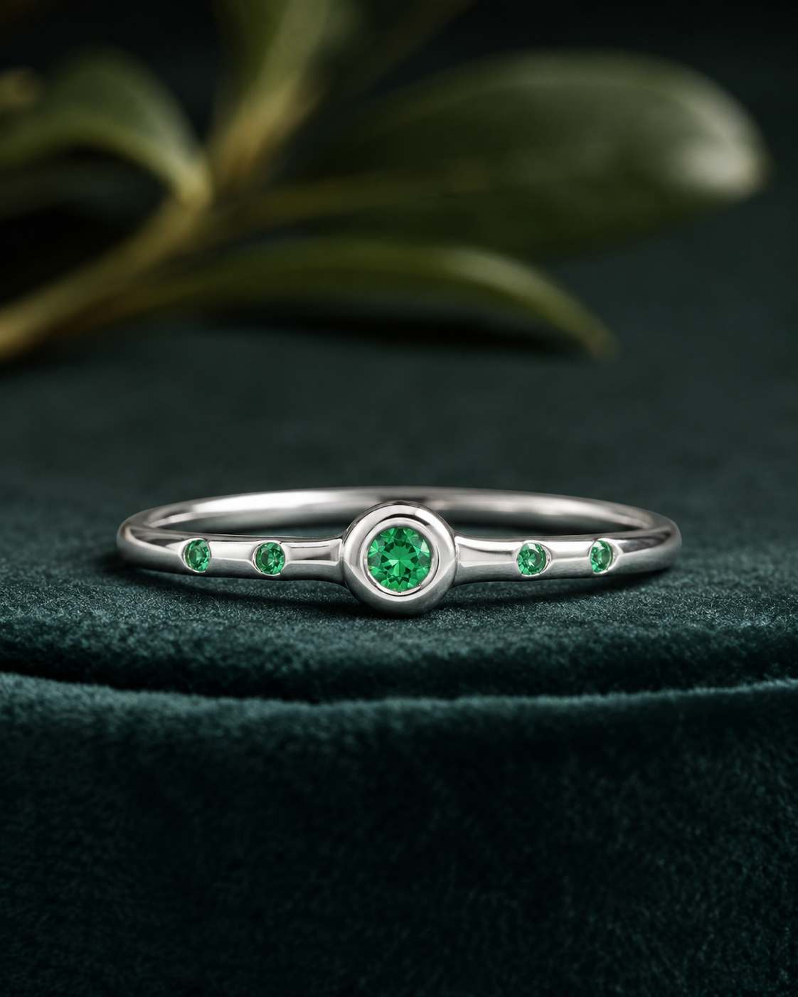 Penta Ring with 5 Emeralds in Sterling Silver Squared Band