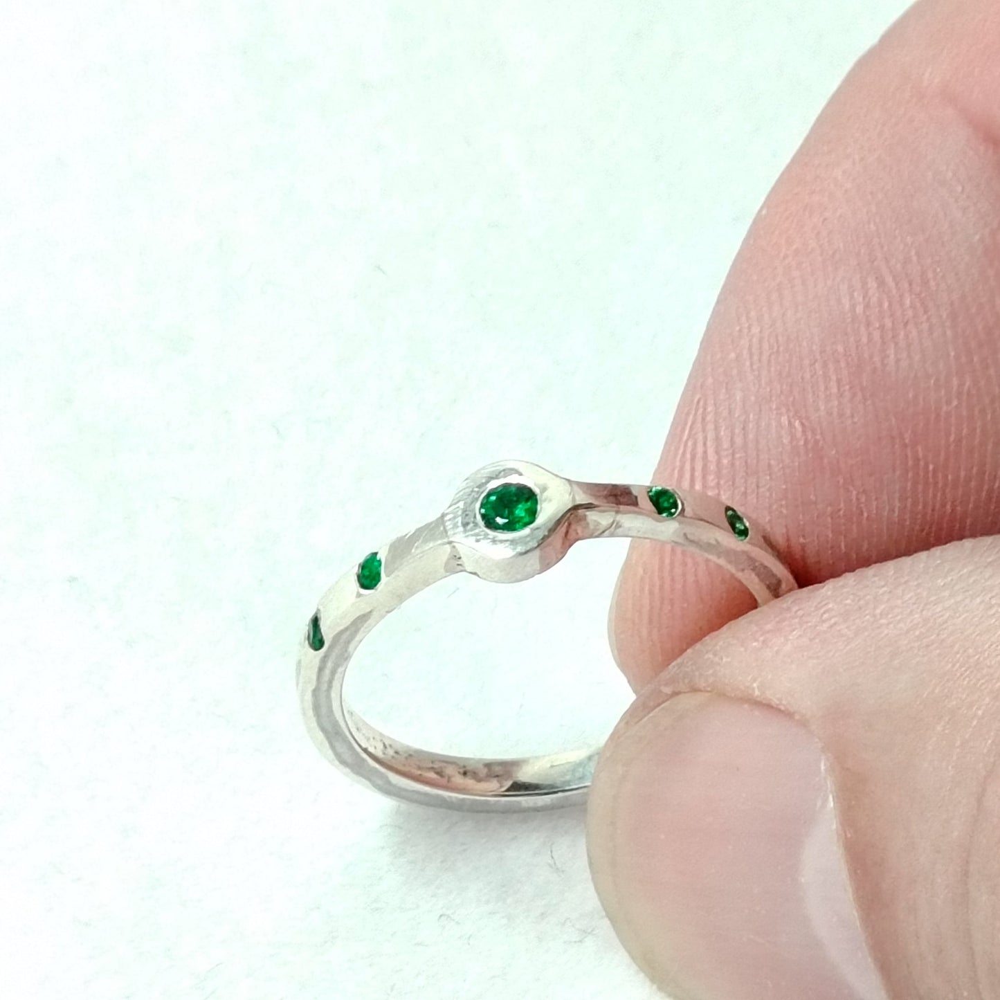 Penta Ring with 5 Emeralds in Sterling Silver Squared Band