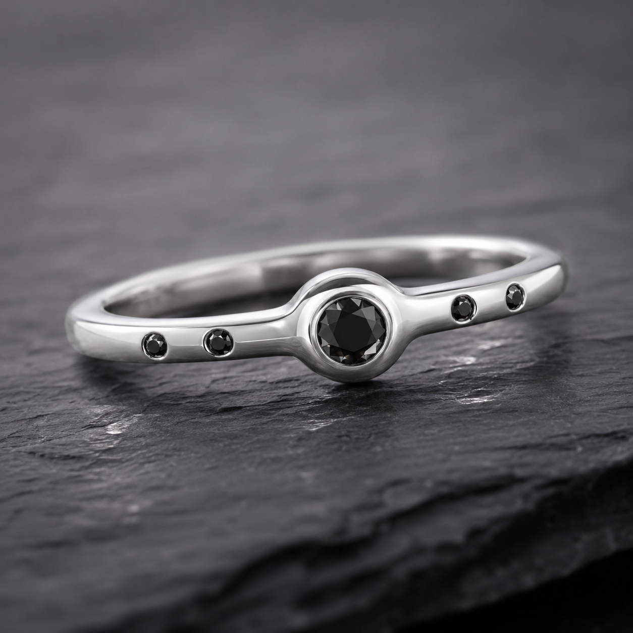 Penta Ring with 5 Black Diamonds in Sterling Silver Squared Band