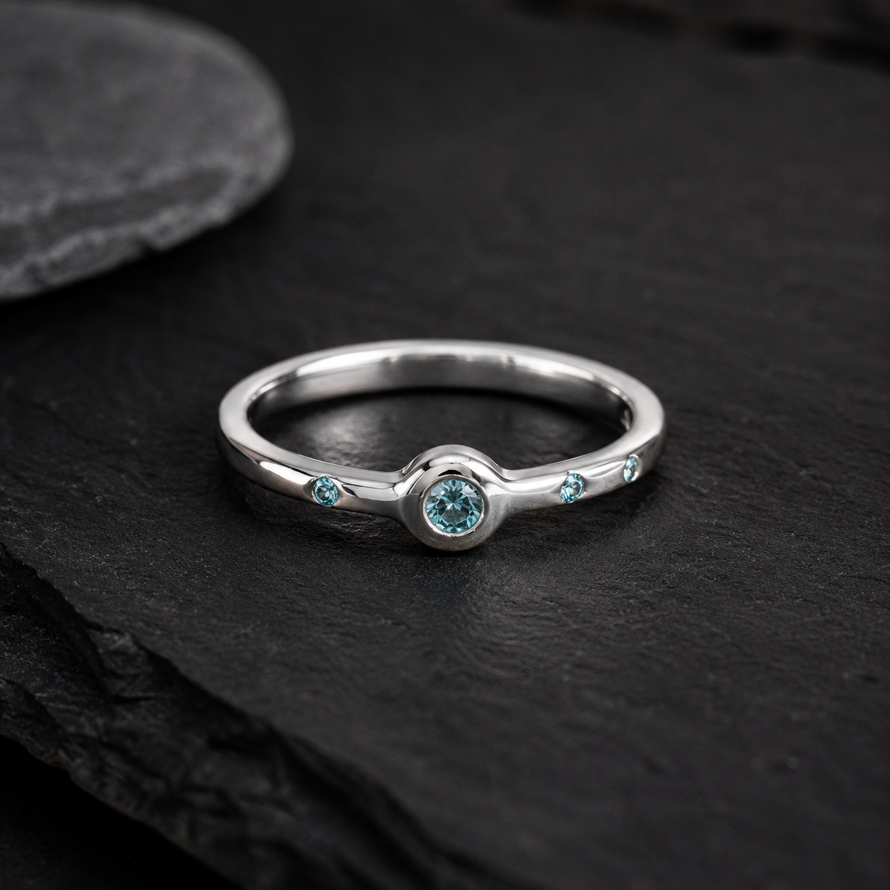 Penta Ring with 5 Blue Diamonds in Sterling Silver Squared Band