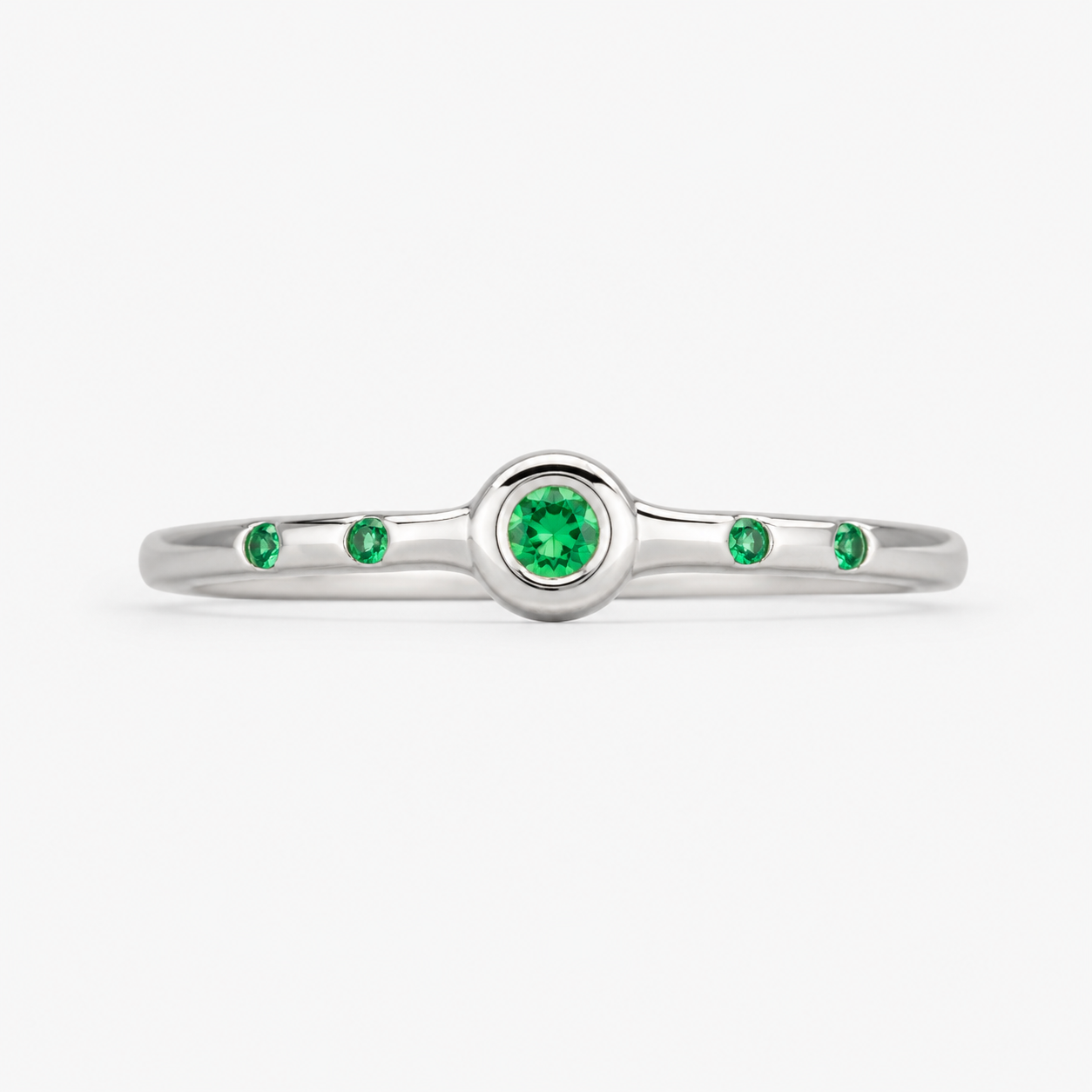 Penta Ring with 5 Emeralds in Sterling Silver Squared Band